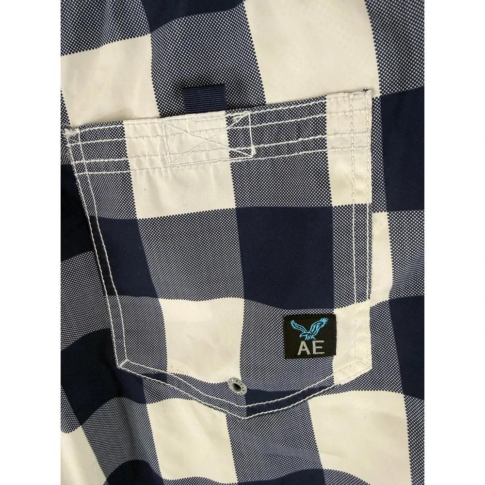 American Eagle Swim Trunks Mens XL Navy Blue White Buffalo Plaid Board Shorts